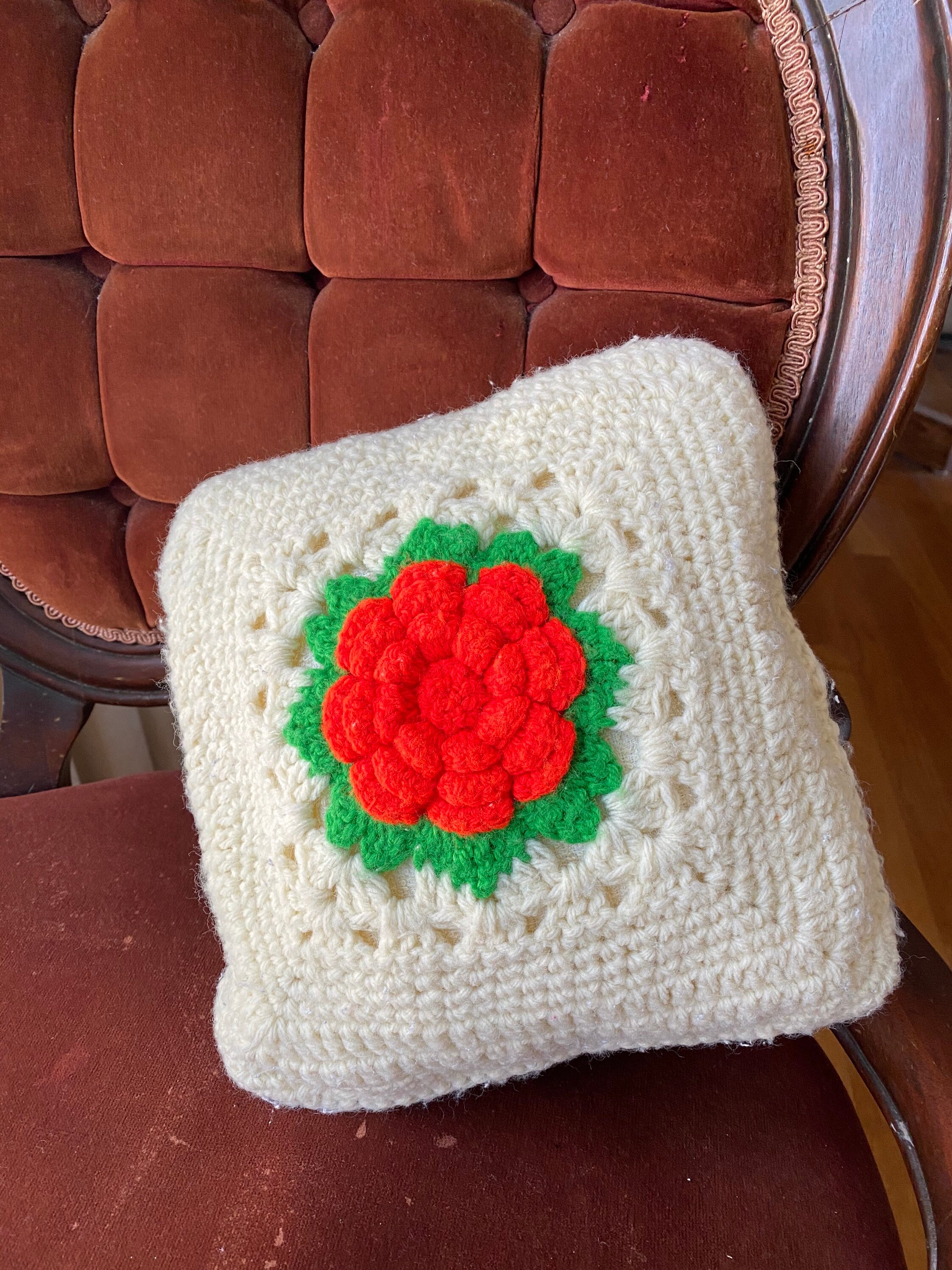 Vintage Crochet Pillow Throw Pillow Small Square Rosette in Etsy