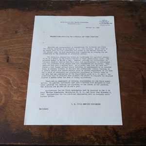 Vintage 1948 Carta membrete Comisión de Servicio Civil de los Estados Unidos Washington DC Exámenes Pruebas Bibliotecario Carrera Trabajos 40's Mediados de Siglo Ephemera