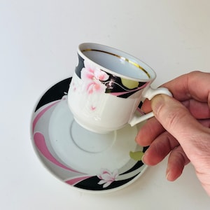 Vintage Mini Tea Cup and Saucer Fena Porzellan German Demitasse coffee set Pink and Black Pink Flower 1980s tea set