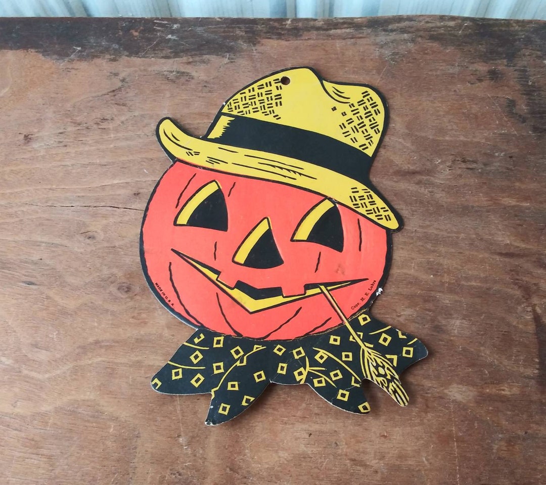Vintage Halloween Die Cut: Pumpkin Scarecrow, Mid-century Fall Decor - Etsy