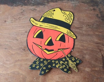 Vintage Halloween Pumpkin Scarecrow Jack o Lantern Die Cut Decoration Lightly Embossed H. E. Luhrs Made USA 50's 60's Mid Century Fall Decor