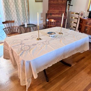Vintage Hand Embroidered Cotton Tablecloth: Crochet Lace, Pink Flowers, 97&quot; x 63&quot;