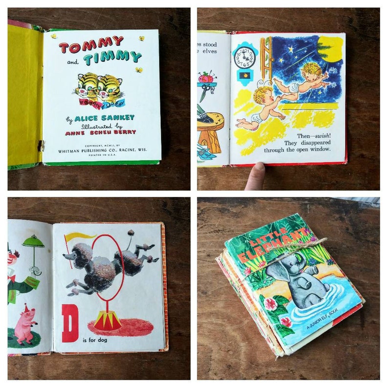 Vintage Junior Elf Tell A Tale Children S Books 7 Piece Lot Mid Century Elephant Zoo Animals Tiger Disney Pluto Little Lulu Elves Circus