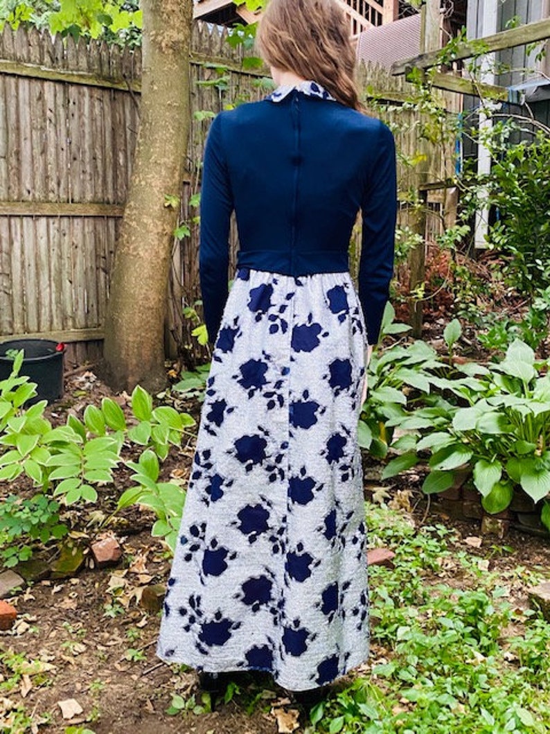 70s boho maxi dress Navy blue maxi dress silver metallic Lam\u00e9 skirt cutouts Vintage Maxi Dress for Women with Sleeves Silver Lam\u00e9