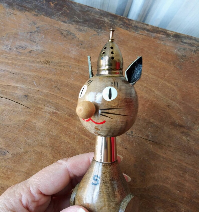 Vintage Kitty Cat Salt /& Pepper One Piece Set Wood w Leather Ears Tail 50/'s Mid Century Kitsch Decor Japan