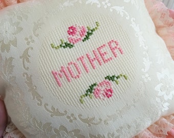 Vintage Cross Stitched MOM Pillow Pink Embroidered Ruffled Pillow 80's Decor - Mother's Day Gift - Birthday Gift - New Mother Handmade