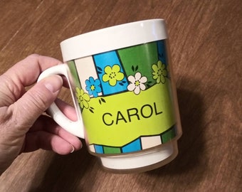 Personalized Vintage Mug West Bend Thermo Serv Coffee Mug for Carol w White Aqua & Lime Stripes and Flowers 60's Breakfast Kitchen Decor