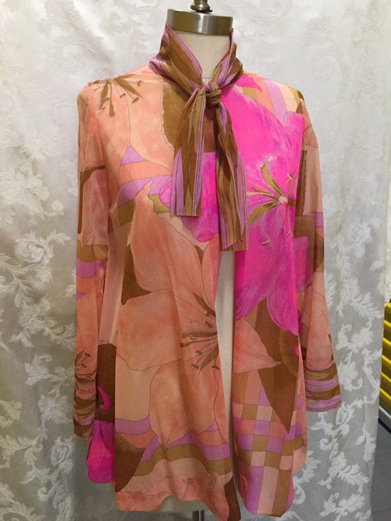 Vintage Sheer Open Blouse Shell Orange Hot Pink F… - image 4