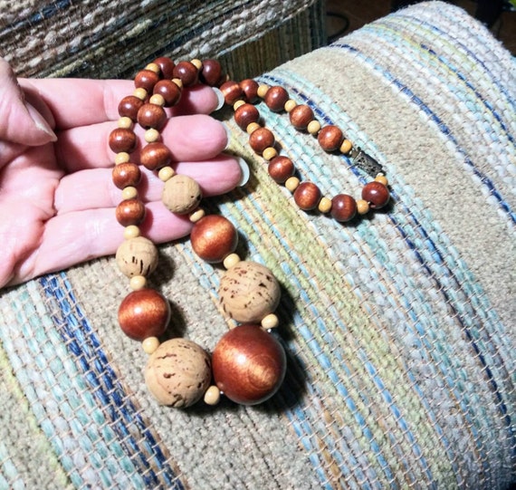 Vintage Necklace Wood & Cork Beads Natural Brown T
