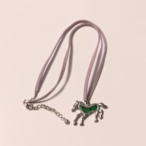 Vintage Galloping Horse Charm Necklace Silver Metal w Enamel Ocean Inlay 70s Fashion Jewelry