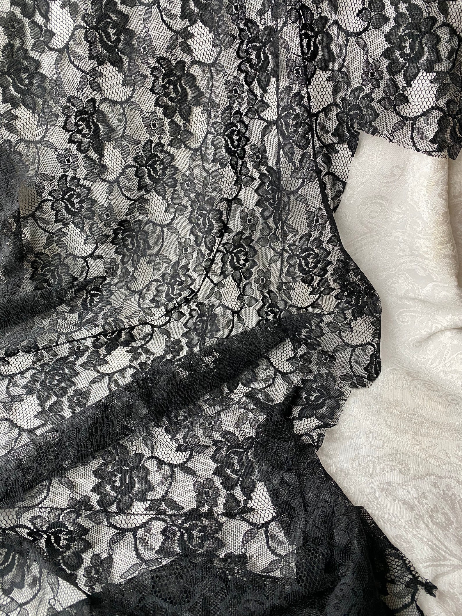 Black Satin Fabric Black Lace Remnants Black Chantilly Lace - Etsy