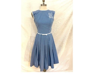 Vintage 60s Blue Day Dress White Piping | Sleeveless Blue Cotton Dress | Party Dress with Pleats | Gidget Dress | Sleeveless Party Dress