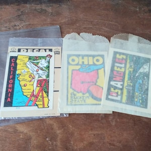 Vintage Luggage Label PICK ONE California State Los Angeles Ohio Baxter Lane Impko Decals Made in USA 50&#39;s 60&#39;s Mid Century Travel Ephemera