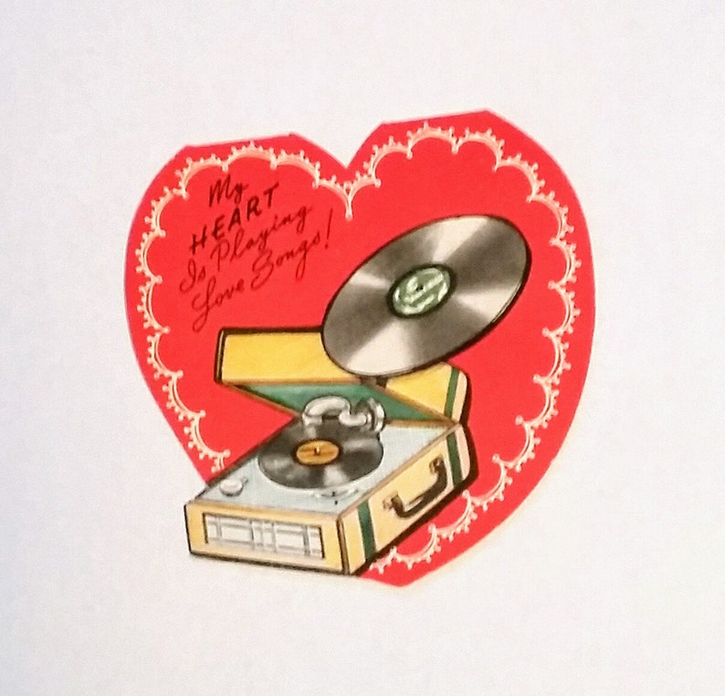vintage valentine greeting card love song record player etsy