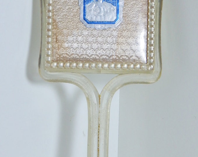 Vintage Vanity Hand Mirror Clear Long Handle With Antique Blue Etsy
