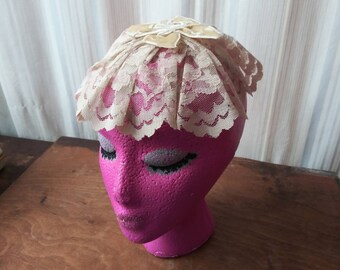 Vintage Lace Chapel Cap Veil with Velvet Bow, 1950s Headpiece