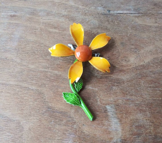 Vintage Brooch Enamel Flower Pin Bright Happy Yel… - image 1