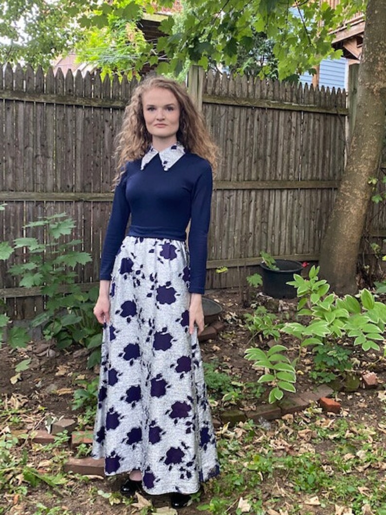 70s boho maxi dress Navy blue maxi dress silver metallic Lam\u00e9 skirt cutouts Vintage Maxi Dress for Women with Sleeves Silver Lam\u00e9
