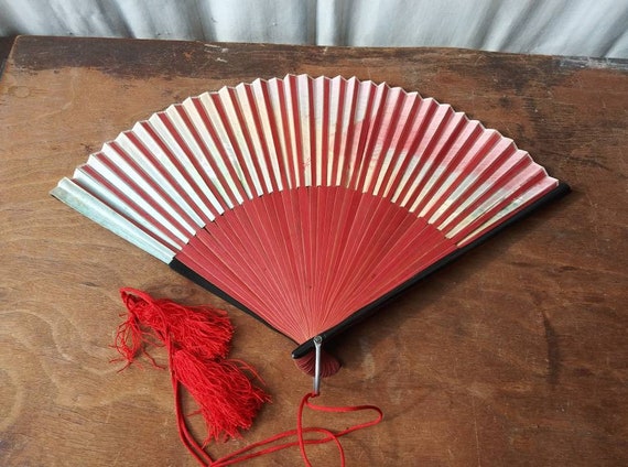 Vintage Hand Fan Bright Colorful Red Peacock Bird… - image 3