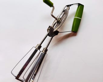 Vintage Hand Mixer Rotary Stainless Steel Egg Beater Avocado Green Olive Handle Made in Japan
