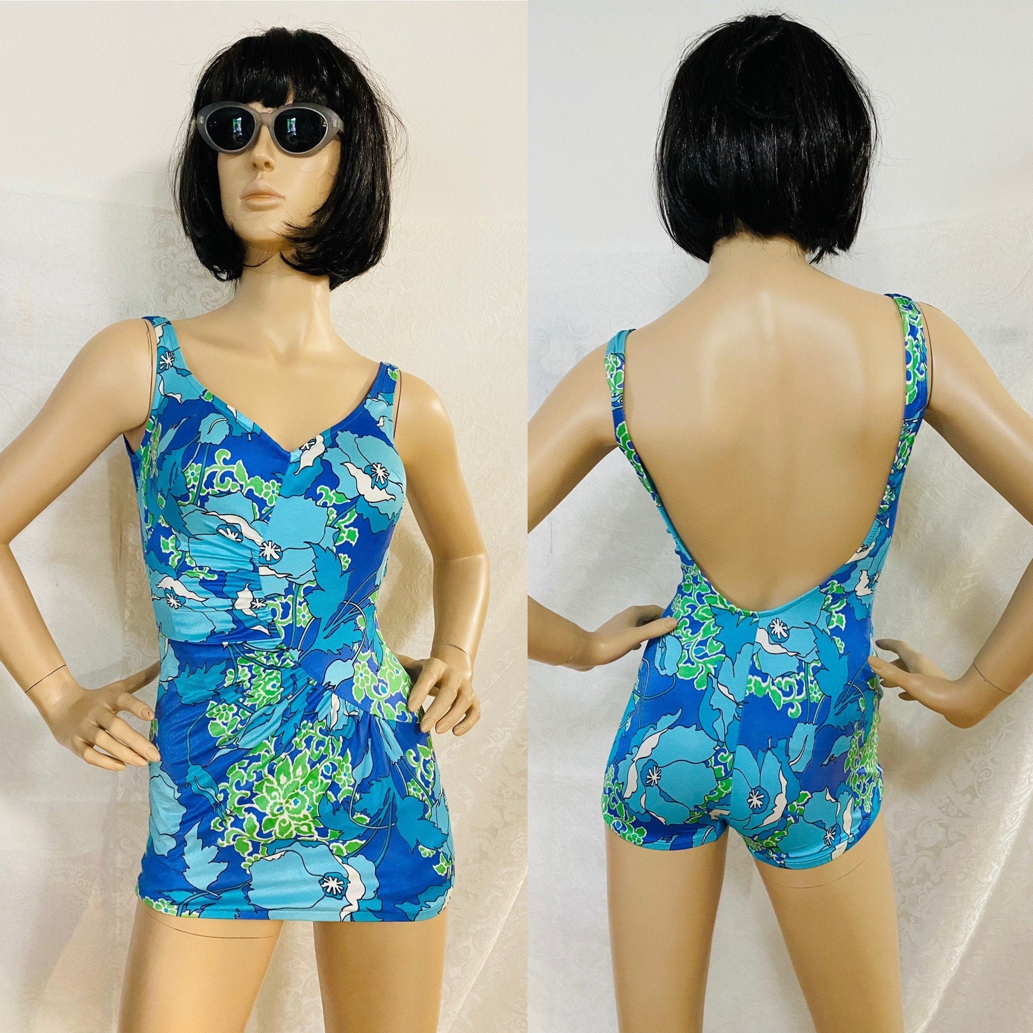 Vintage Swimsuit Rose Marie Reid Blue Green Aqua Built in Bra Scoop Back  Bombshell Swimsuit -  Australia