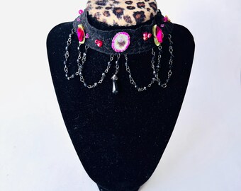Vintage 90s Black Lace Choker with beads and roses