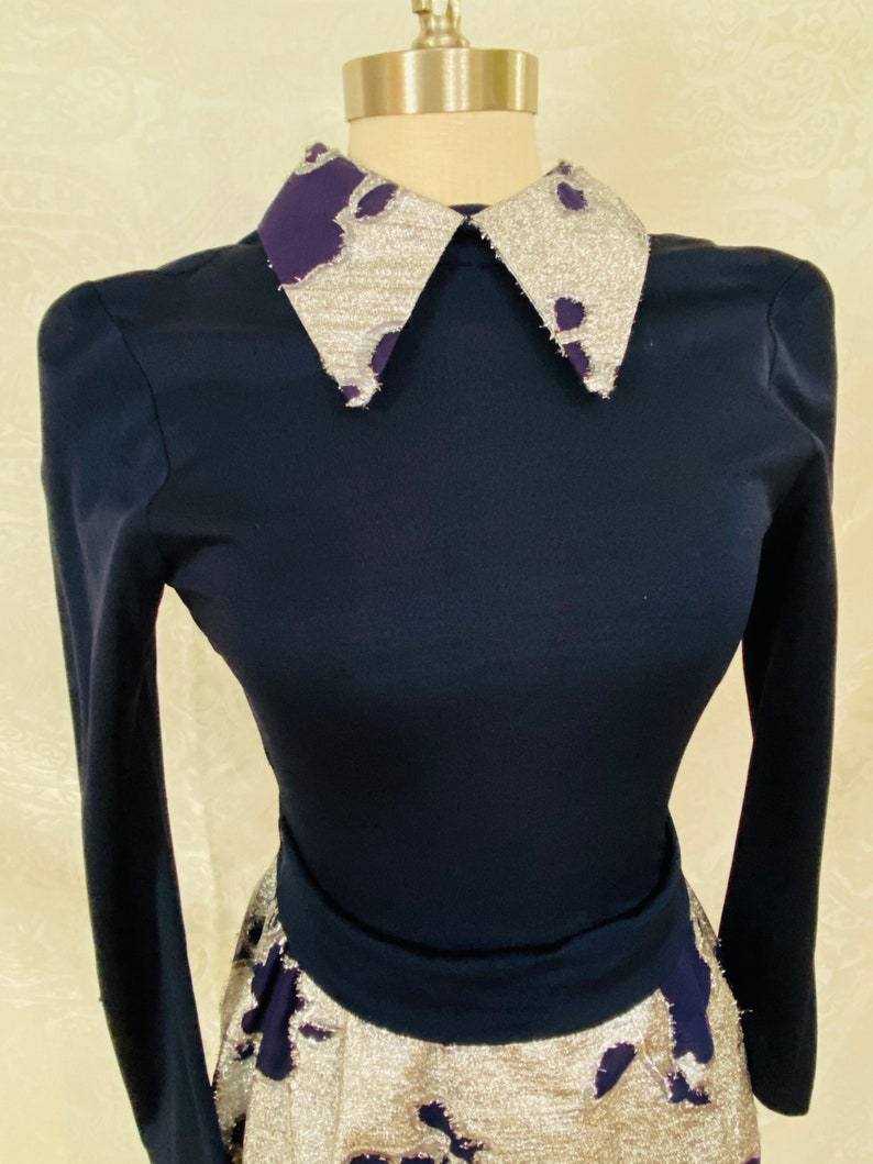 70s boho maxi dress Navy blue maxi dress silver metallic Lam\u00e9 skirt cutouts Vintage Maxi Dress for Women with Sleeves Silver Lam\u00e9