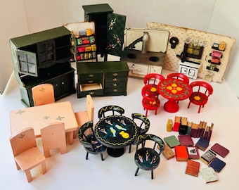 Vintage Wood Doll Furniture Tables and Chairs Pennsylvania Dutch Diorama Miniature food Miniature books Fairy house Doll Stove