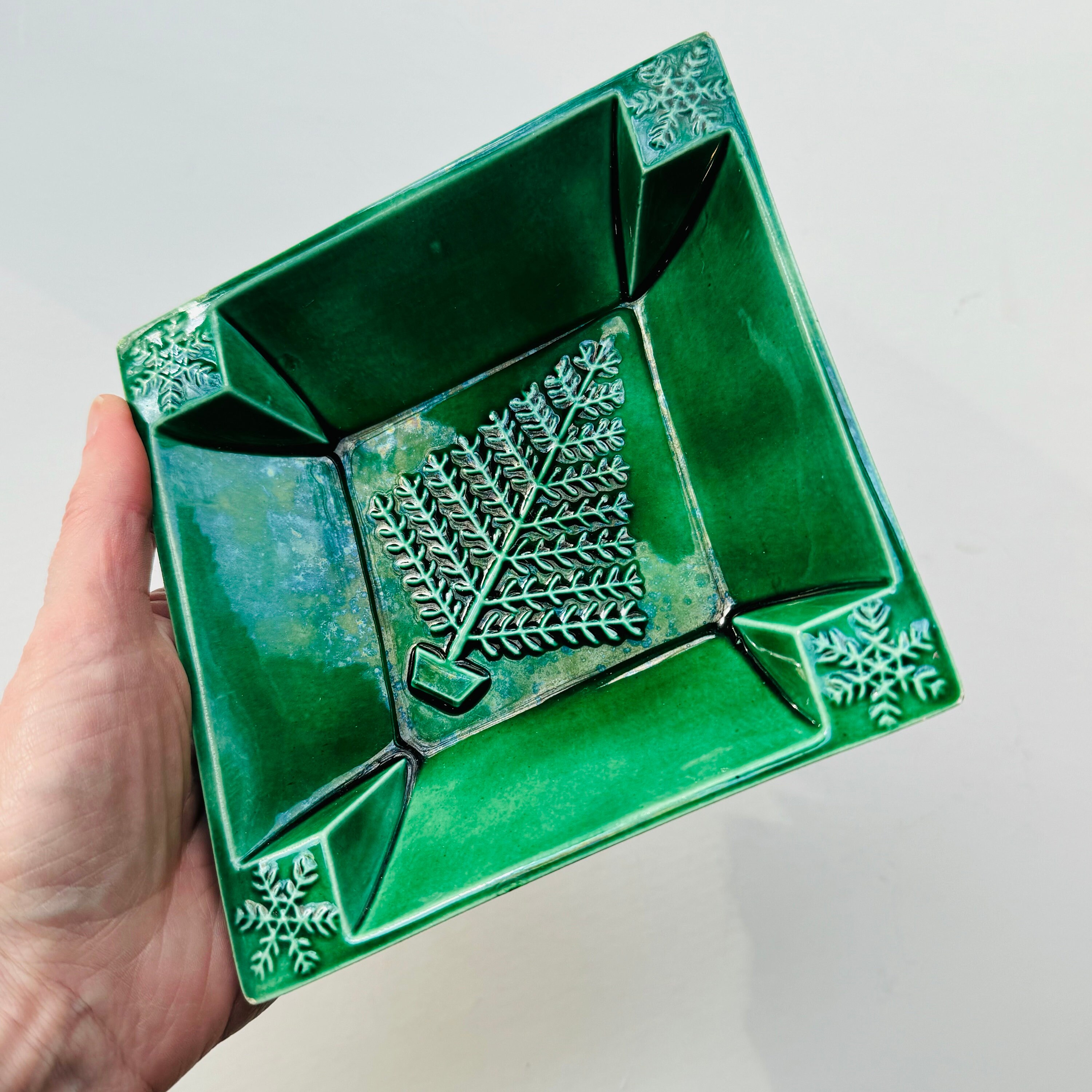 Vintage Ceramic Christmas Ashtray Trinket Dish Handmade Green Square Candy Dish Christmas Tree