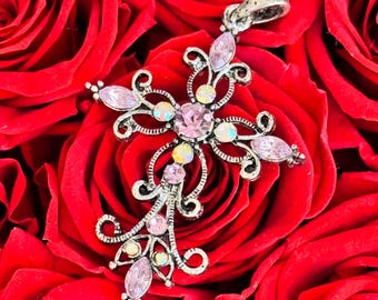 Vintage Silver Rhinestone Cross Pendant Ornate Pink Gem Crystals