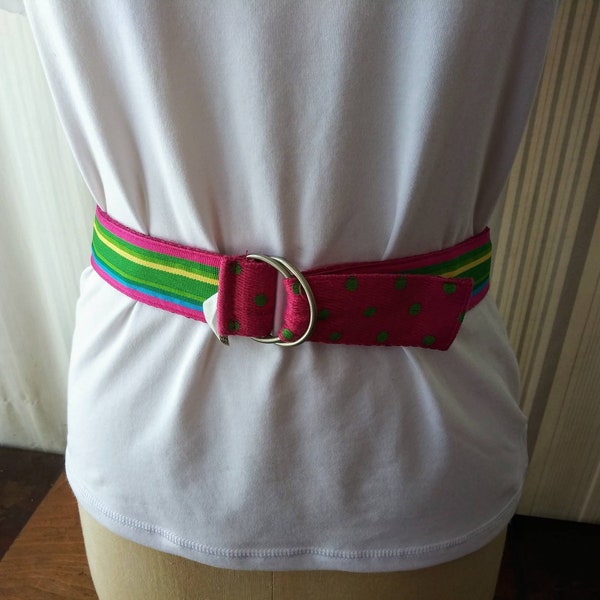 Vintage Belt Colorful Stripes & Dots Reversible 80's Preppy Fashion Accessory Rainbow Ribbon Canvas