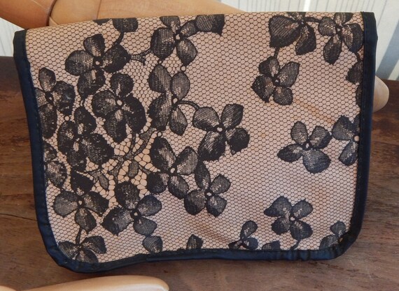 Vintage Makeup Bag Peach Pink & Black Lace Flower… - image 5