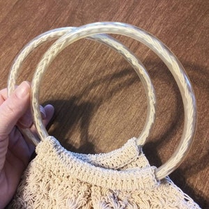 Vintage Purse Macrame Knit Handbag 90's Does 70's Beige Off White Crochet with Circular Tube Handles 90's Bohemian Fashion Bag image 4