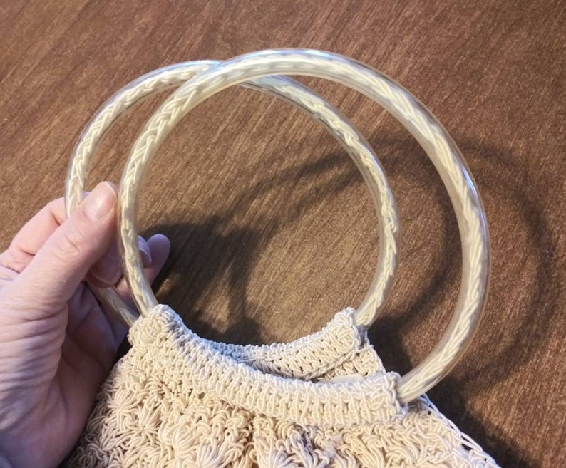 Vintage Purse Macrame Knit Handbag 90's Does 70's Beige Off White Crochet with Circular Tube Handles 90's Bohemian Fashion Bag image 4
