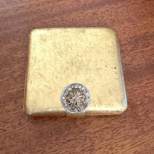 Vintage Gold Compact Square Brushed Gold Tone Metal Face Powder Avon Pressed Powder Jeweled Clasp
