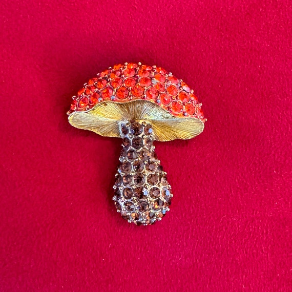 Vintage Rhinestone Mushroom Brooch Pin Gold Red R… - image 2