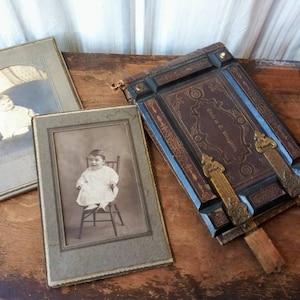 Antique Photo Album Filled w Family Photos Stoughton 1800&#39;s Photography Vintage Leather Bound w Metal Clasps Ephemera Memorabilia