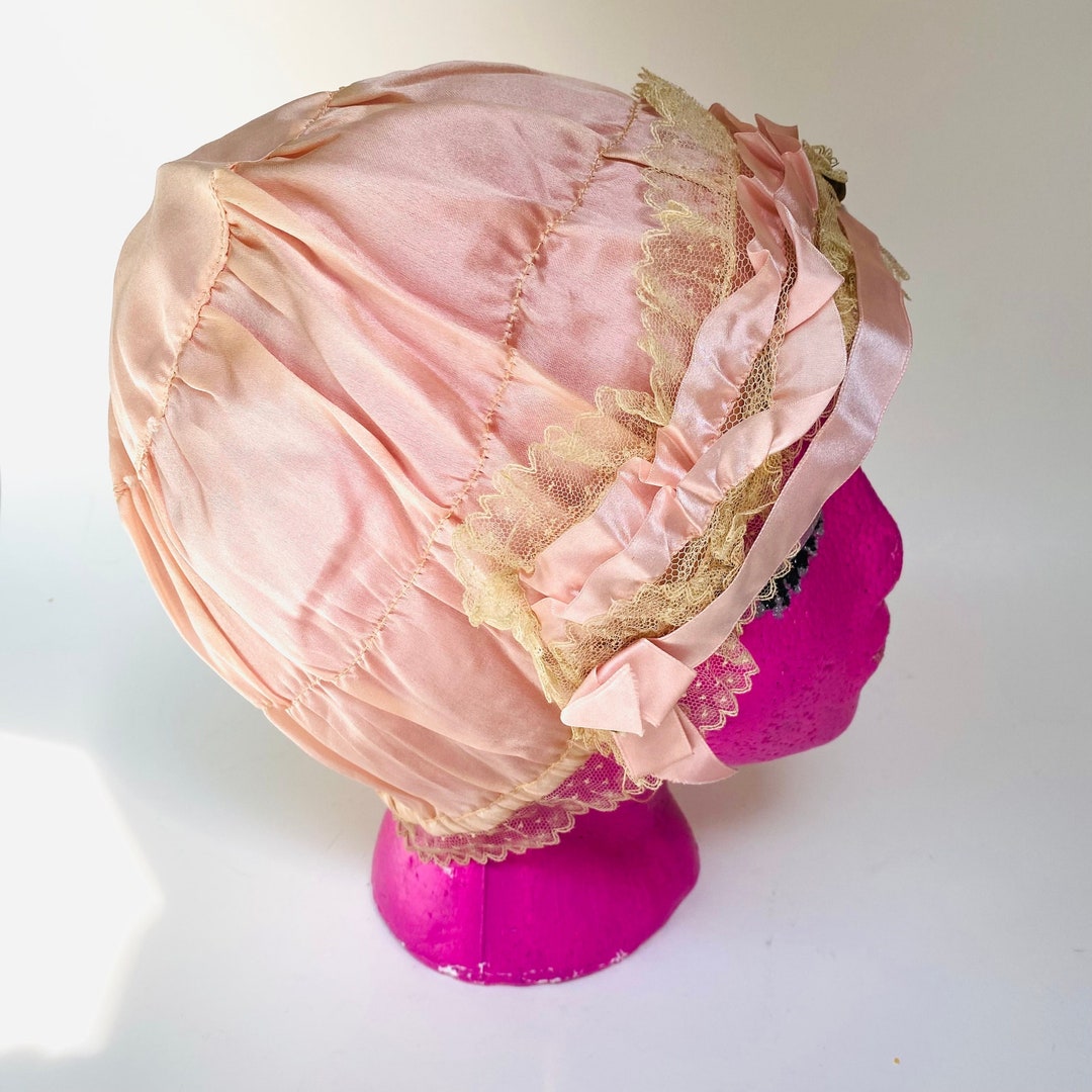 Antique Bed Cap Boudoir Cap Night Cap Pastel Pink Silk Lace Ribbons Little Roses 20's Fashion