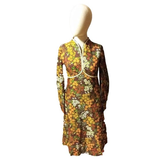 Vintage Dress Brown with Orange White Daisy Flowe… - image 1