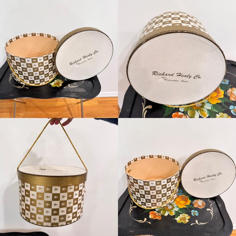 May include: Vintage hat boxes with lids, featuring a gold and white checkered pattern. The boxes have a gold trim and a handle. The lids are white with the text "Richard Healy Co. Worcester, Mass."