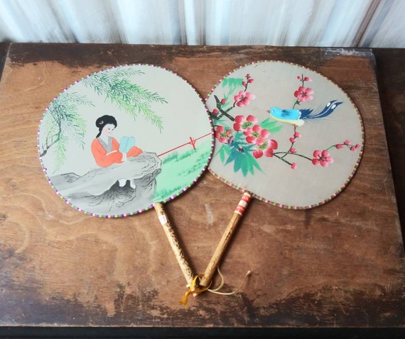 Vintage Chinese Silk Hand Fans, Hand-Painted Bird & Lady Pair