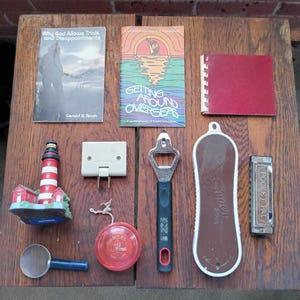 Vintage Junk Drawer Lot for Collection or Resell Bar Bottle Opener Pocket Pal Harmonica Duncan Spoontiques Lighthouse Mini Supermarket Books