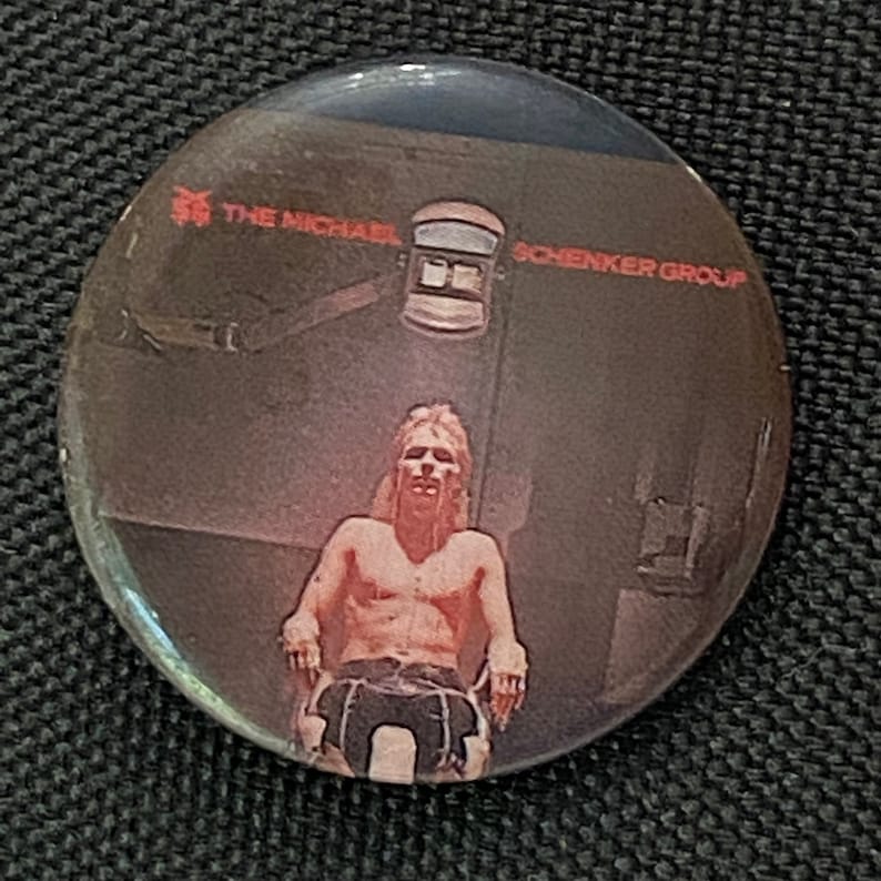 Vintage 80s 1.25 inch Button Pins sold separately Pinback Buttons 1980s Early 80s Album Cover Pins Rock Heavy Metal ACDC Saxon The Clash Michael Schenker