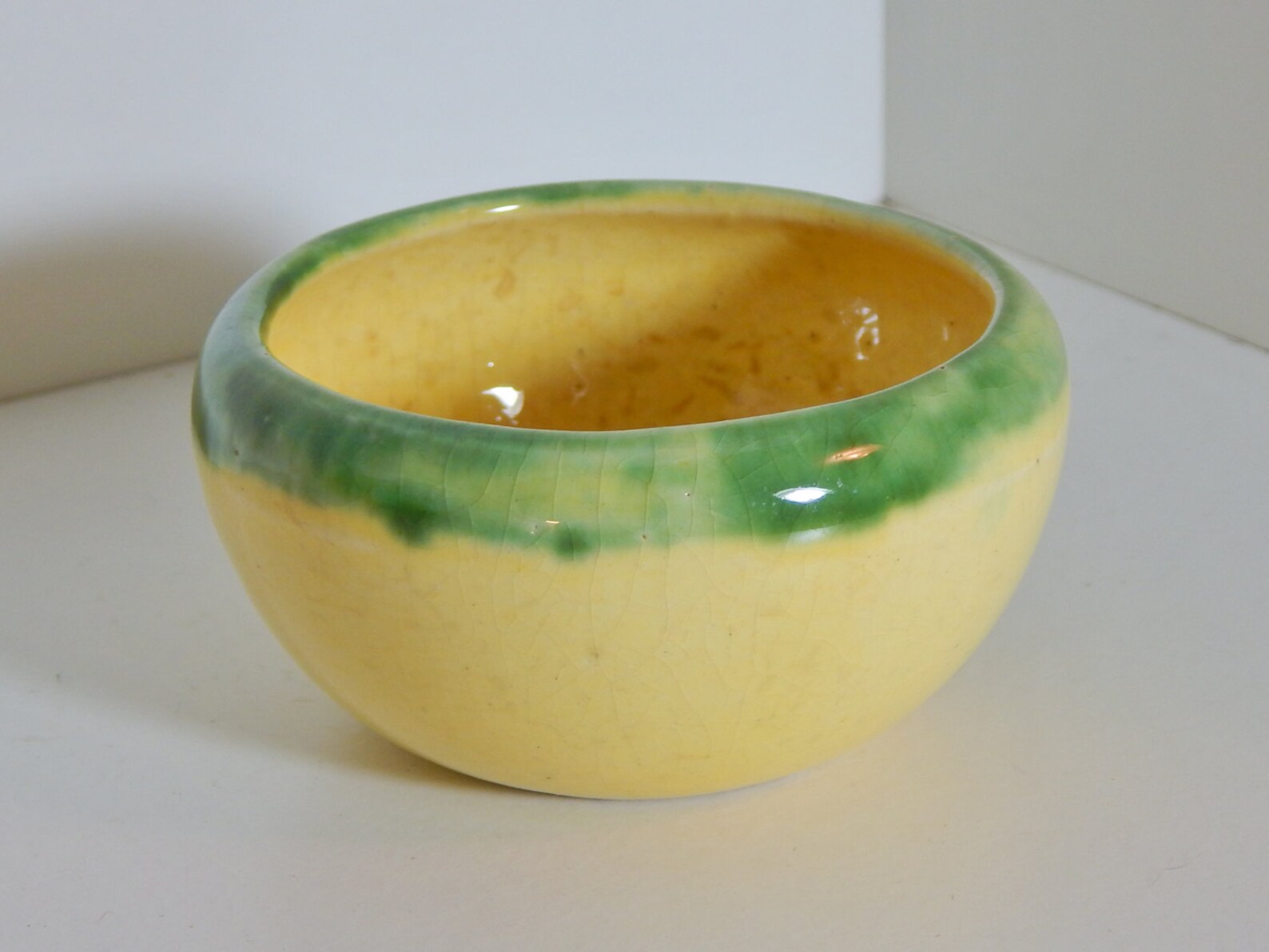 Vintage Yellow Pottery Bowl With Grass Green Rim Small Mid Etsy