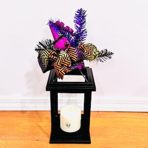 Halloween Lantern Upcycled Black Metal Sparkly Ribbons Witchy comes with candle