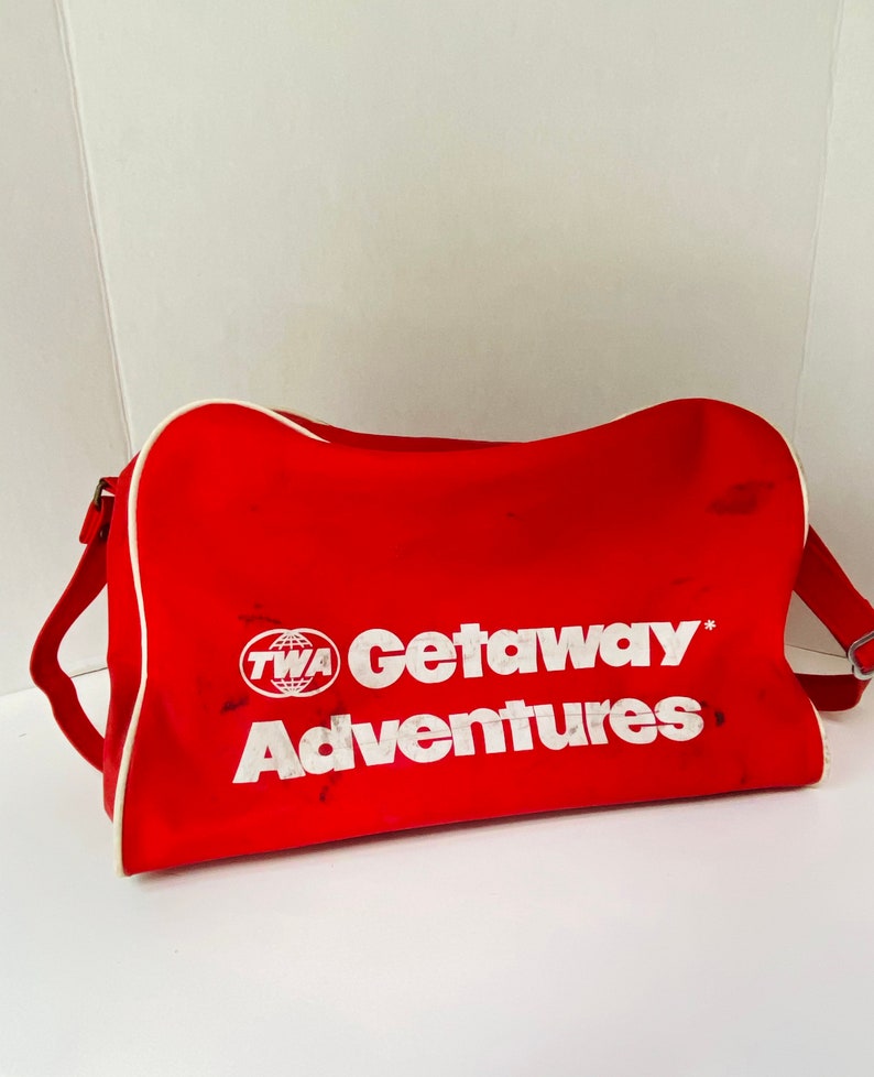 TWA Airlines Travel Bag Red Overnight Bag Vinyl Carry On Bag Advertising Trans World Airlines image 1