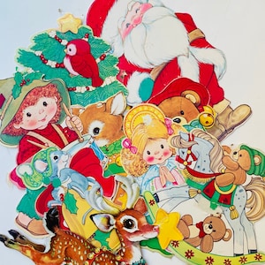Adornos navideños troquelados vintage de cartón recortables: ángel, reno, ratón, baterista
