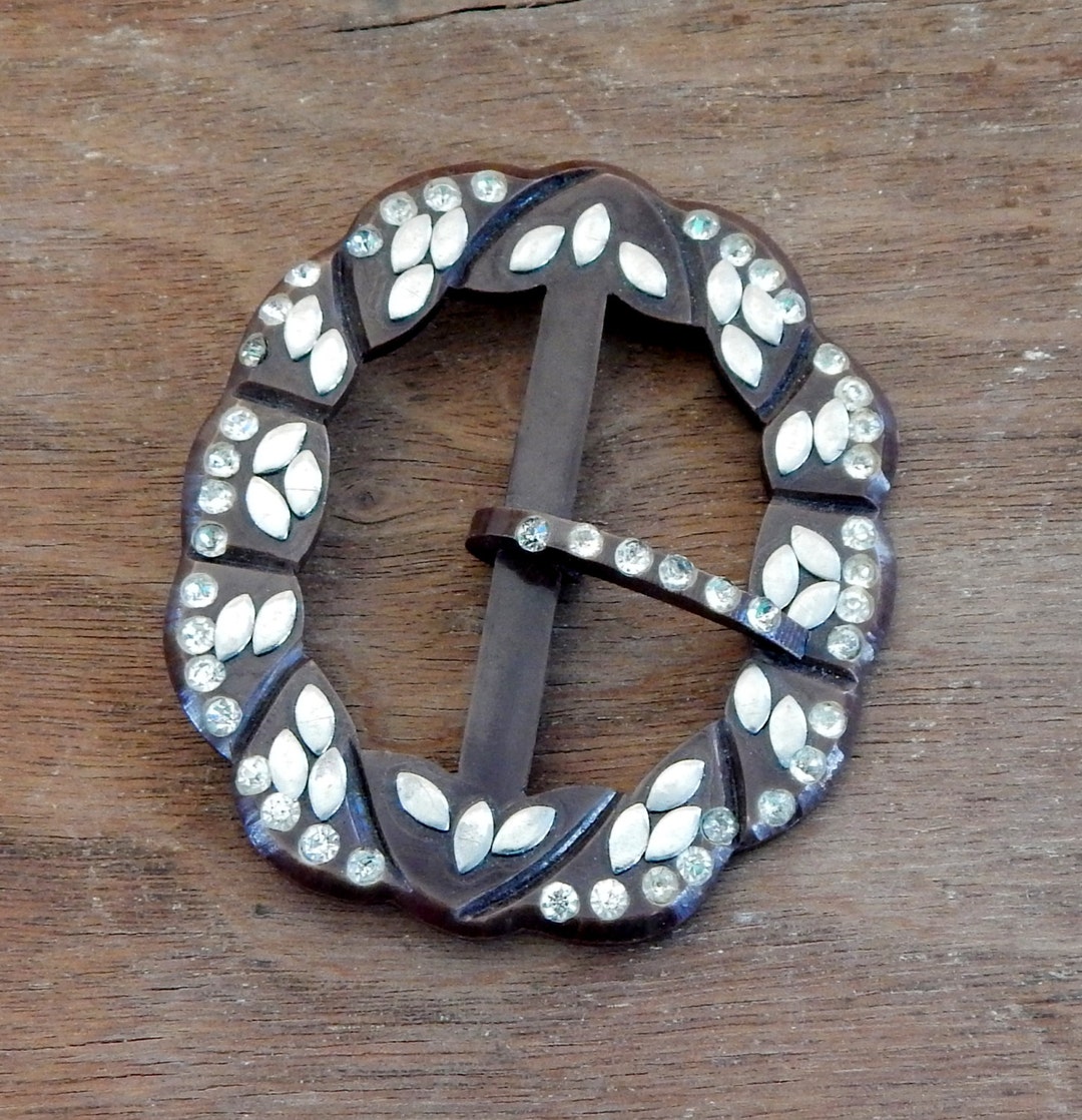 Vintage Belt Buckle Brown Carved Celluloid W Rhinestones & Silver Metal ...