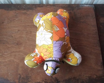 Vintage Turtle Stuffed Animal Groovy Flower Power Fabric Print Shell Big Eyes Velvet Choker Avocado Yellow Orange Purple 60's 70's Decor