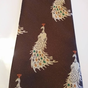 Vintage Necktie w Colorful Jewel Peacocks and Brown Background 60s 70s Fashion Polyester
